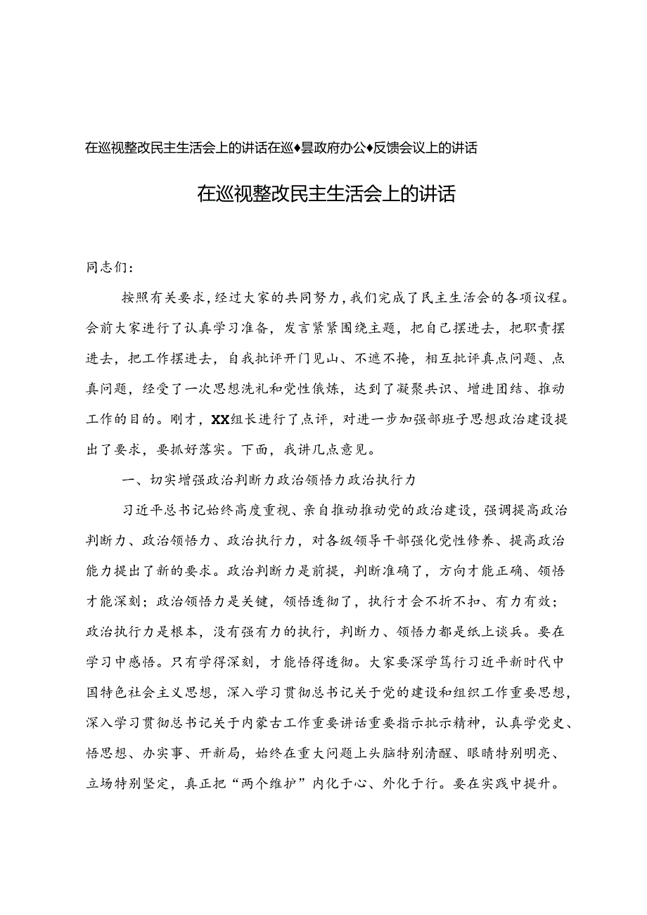 在巡视整改民主生活会上的讲话+在巡察县政府办公室反馈会议上的讲话.docx_第1页