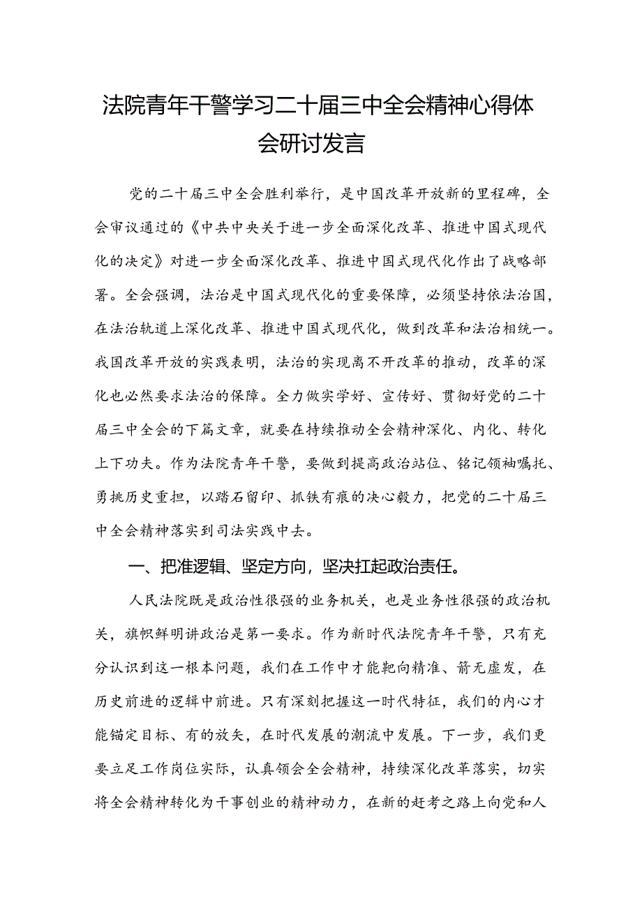 法院青年干警学习二十届三中全会精神心得体会研讨发言.docx_第1页