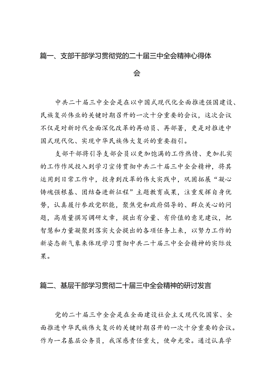 （10篇）支部干部学习贯彻党的二十届三中全会精神心得体会范文.docx_第2页