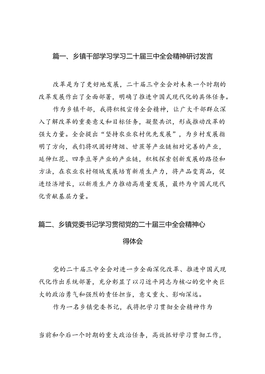 （10篇）乡镇干部学习学习二十届三中全会精神研讨发言（精选）.docx_第2页