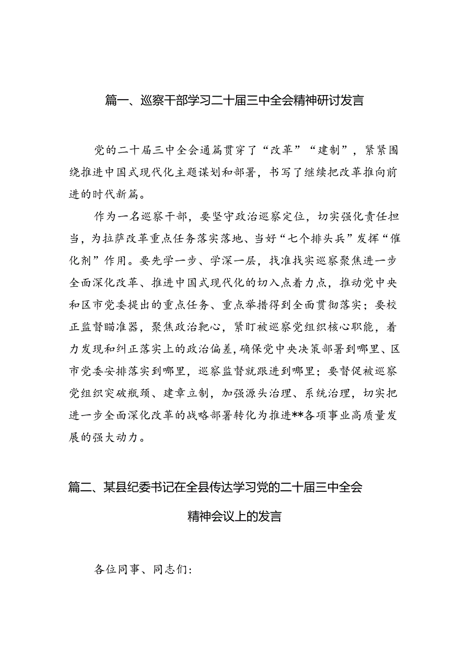 （10篇）巡察干部学习二十届三中全会精神研讨发言（详细版）.docx_第2页