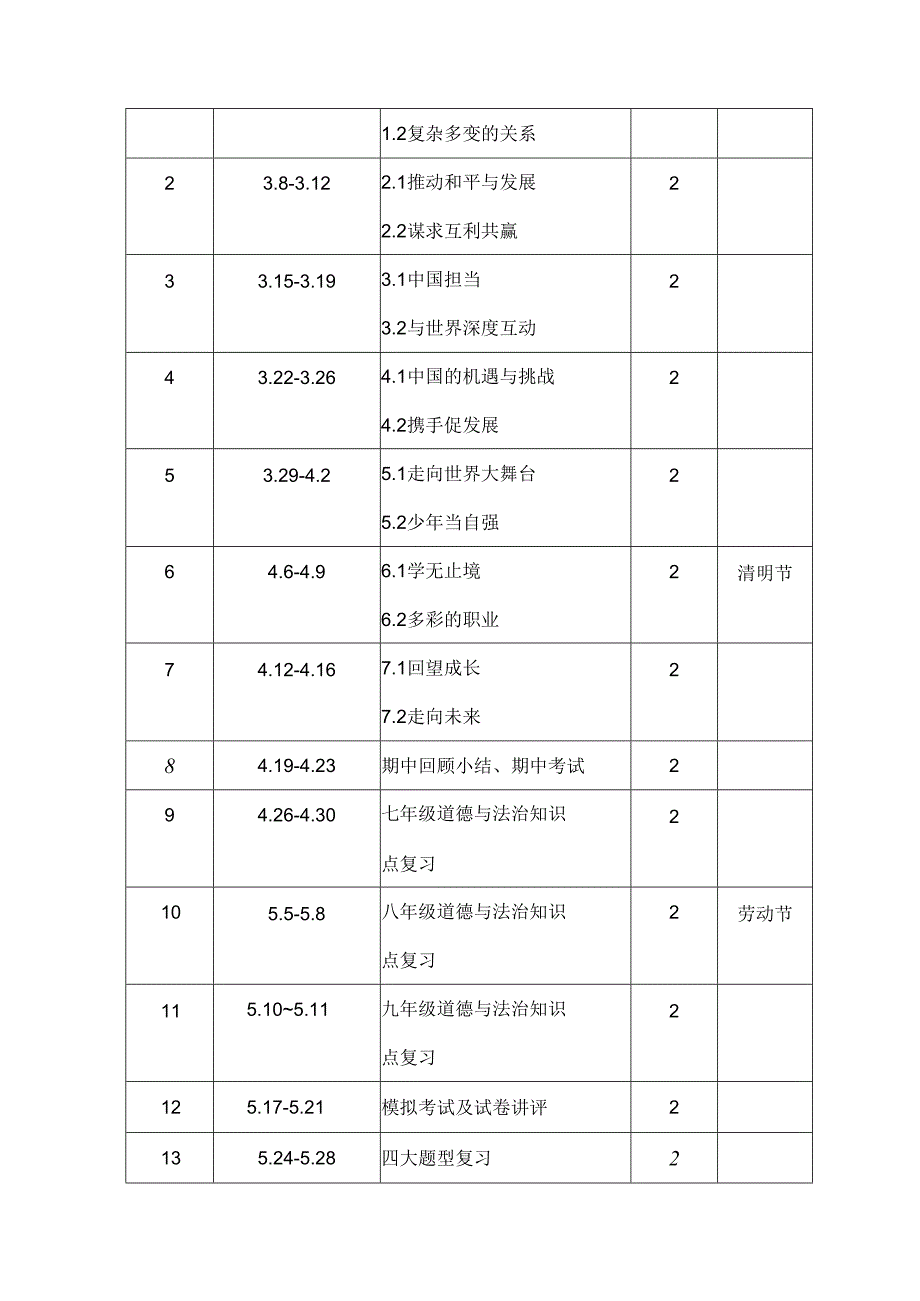 部编人教版道德与法治九年级下册教学计划及进度表.docx_第3页