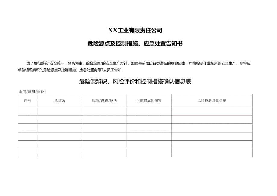 XX工业有限责任公司危险源点及控制措施、应急处置告知书（2024年）.docx_第1页