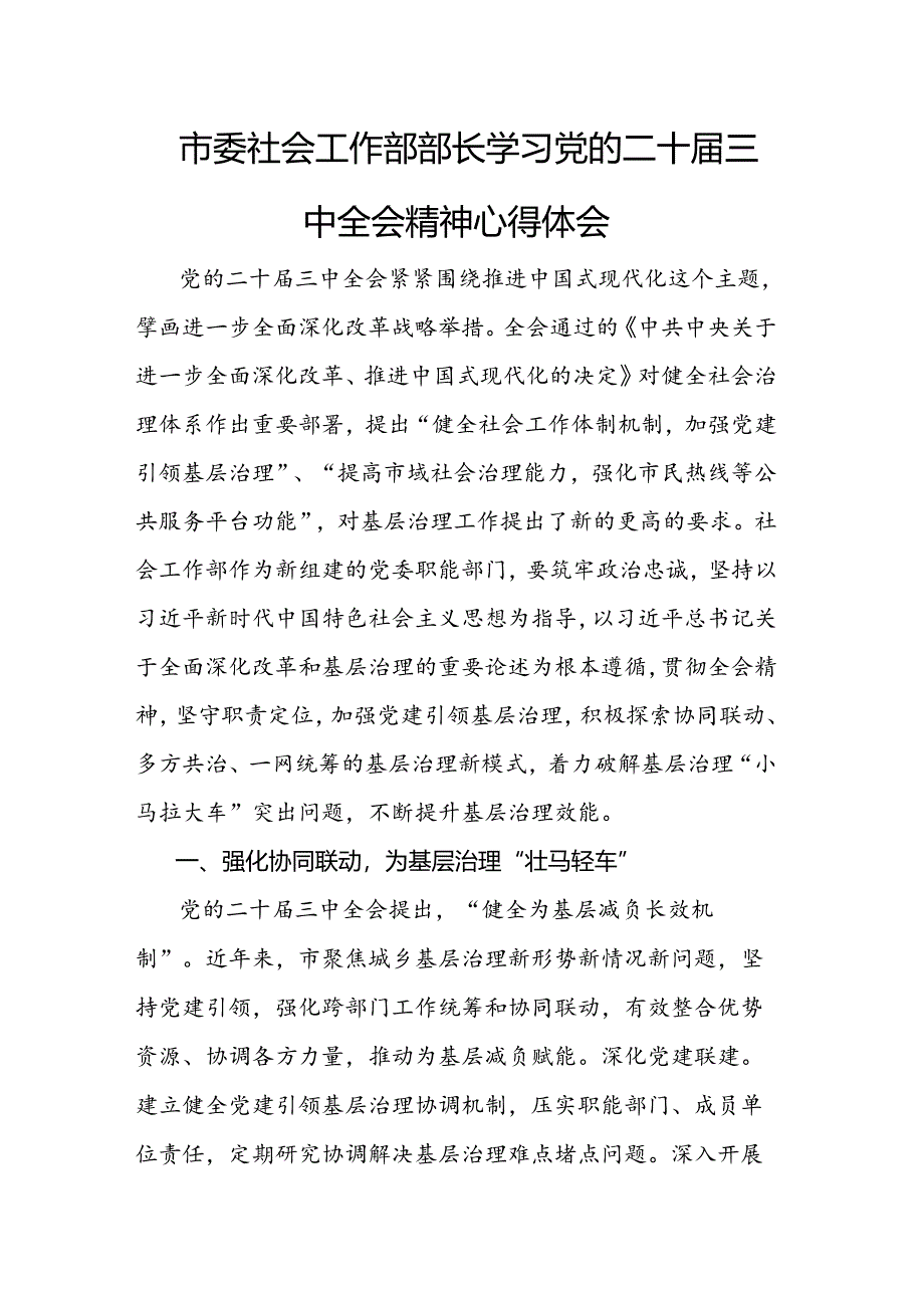 市委社会工作部部长学习党的二十届三中全会精神心得体会范文.docx_第1页