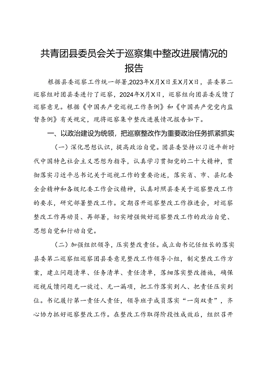 共青团县委员会关于巡察集中整改进展情况的报告.docx_第1页