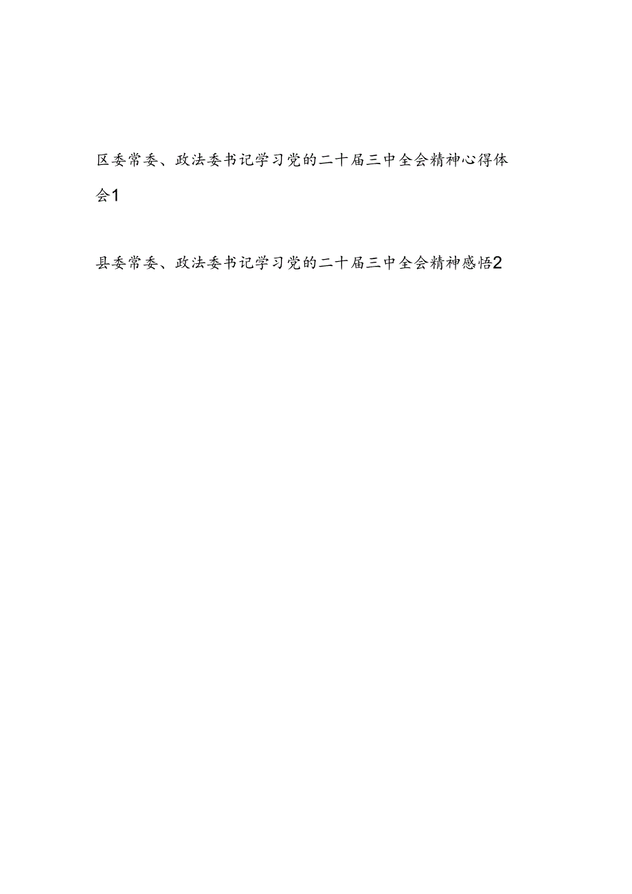 县区委常委政法委书记学习党的二十届三中全会精神心得体会研讨发言2篇.docx_第1页