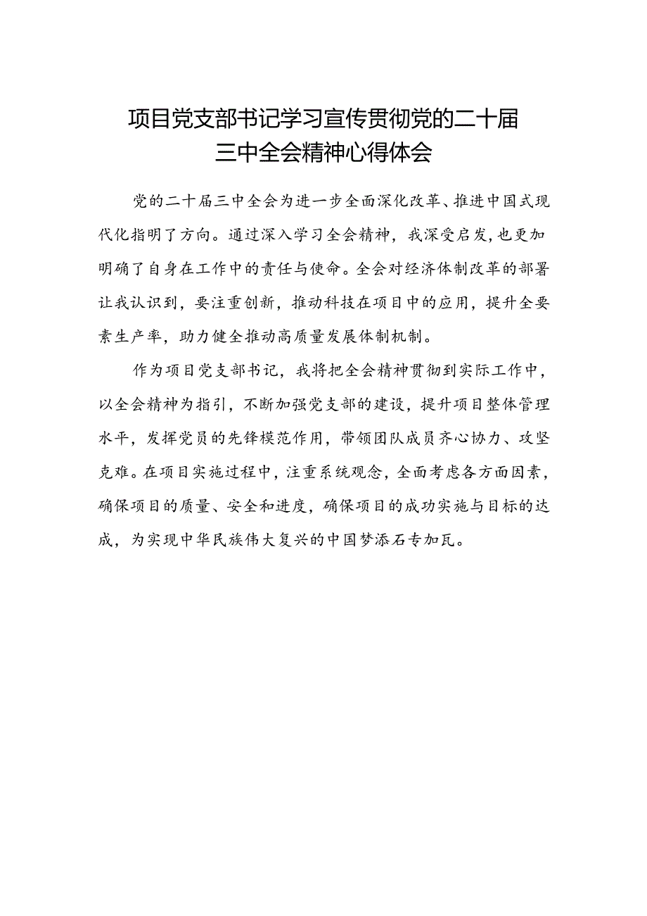 项目党支部书记学习宣传贯彻党的二十届三中全会精神心得体会.docx_第1页