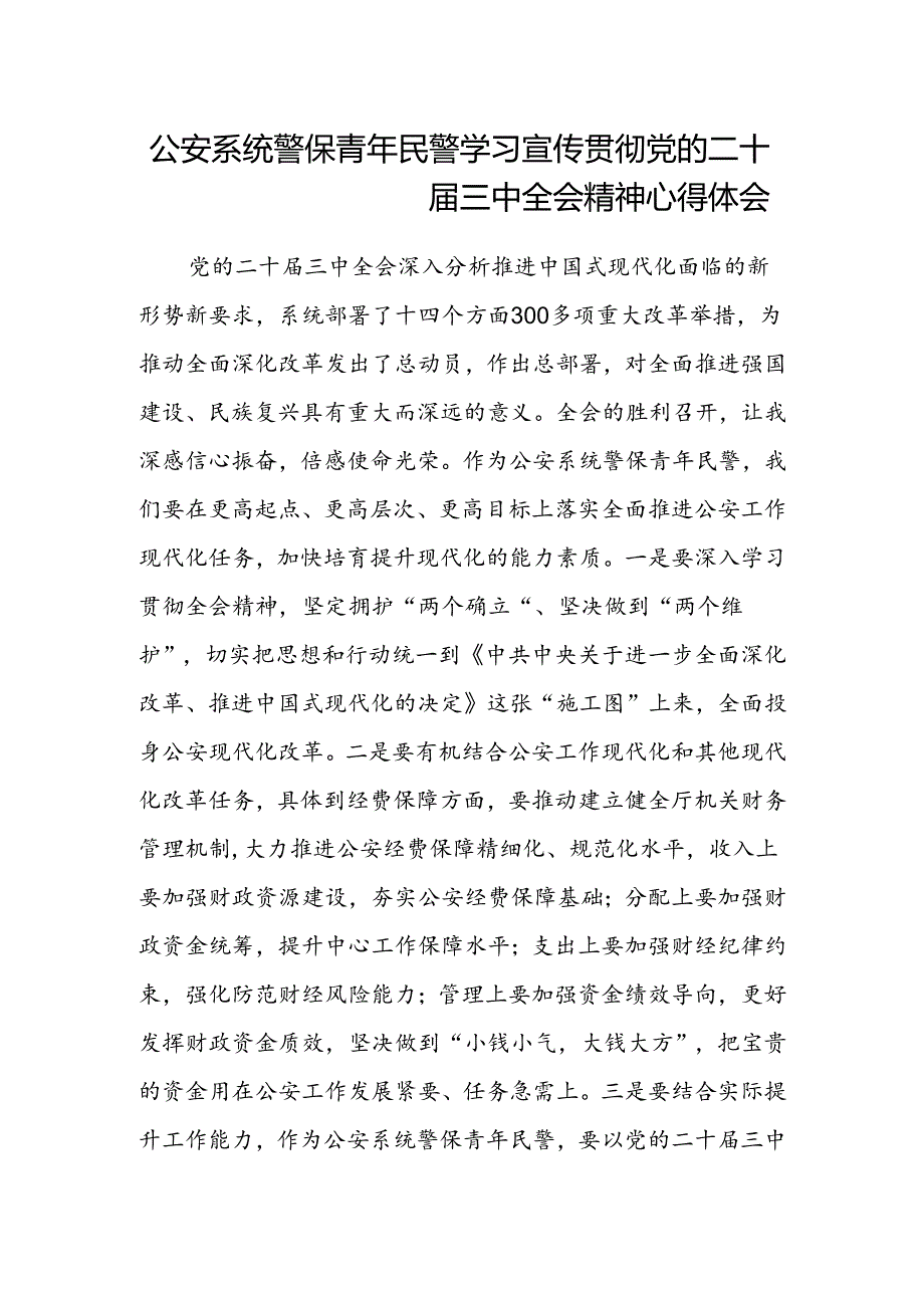 公安系统警保青年民警学习宣传贯彻党的二十届三中全会精神心得体会.docx_第1页