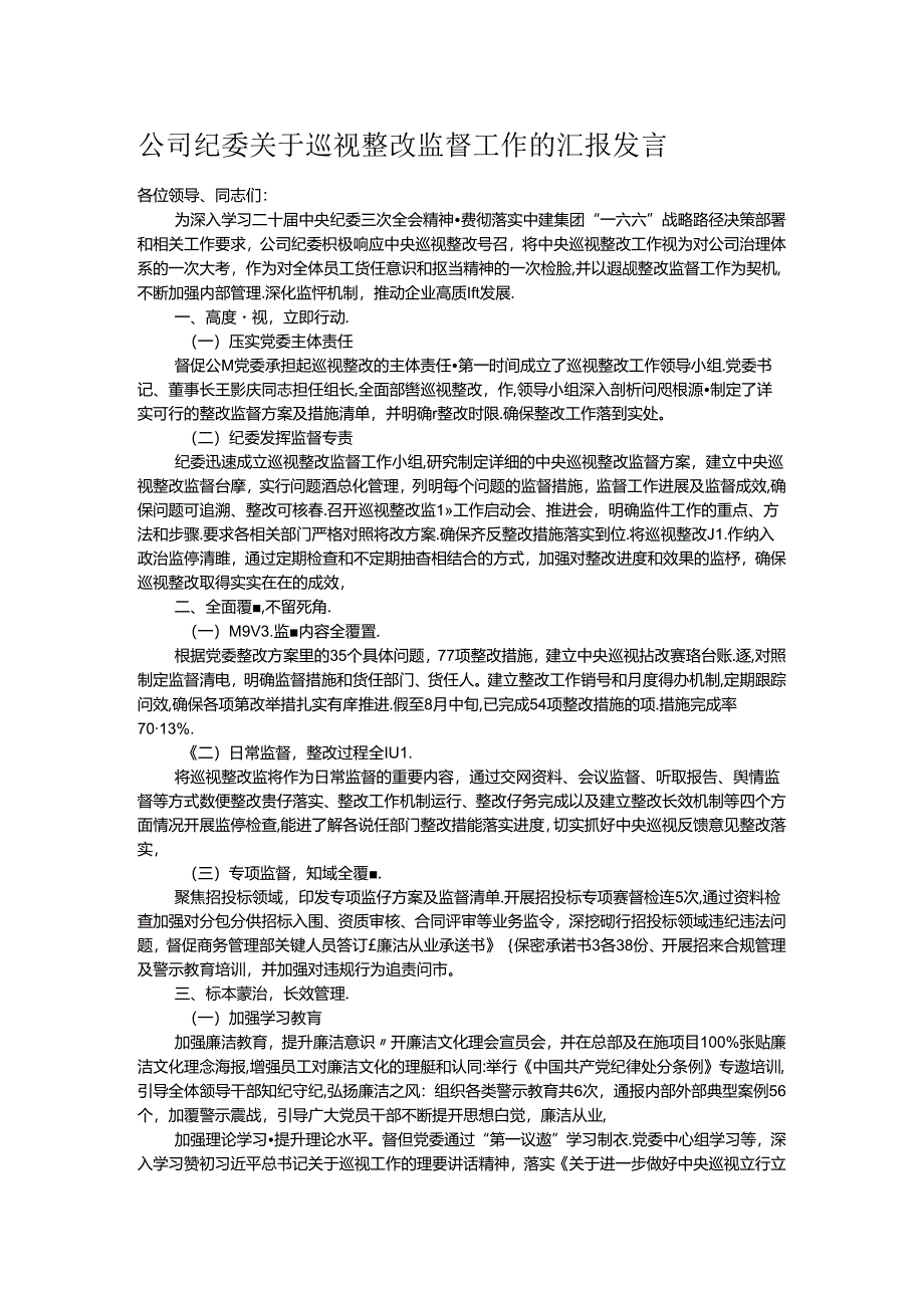 公司纪委关于巡视整改监督工作的汇报发言.docx_第1页