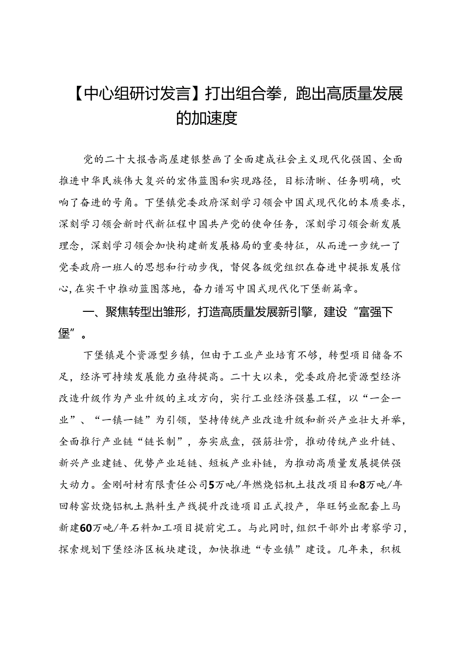 【中心组研讨发言】打出组合拳跑出高质量发展的加速度.docx_第1页