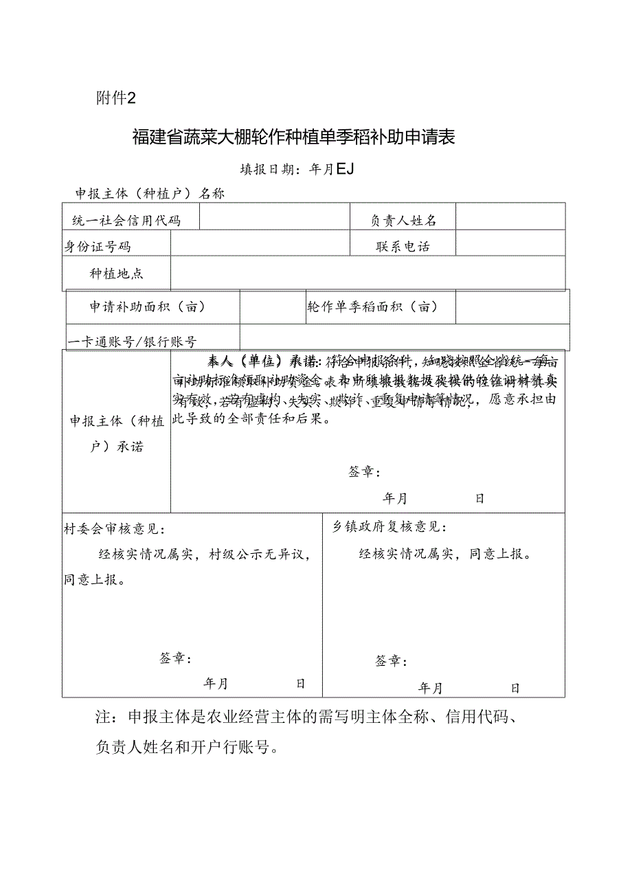 福建省蔬菜大棚轮作种植单季稻补助申请表.docx_第1页