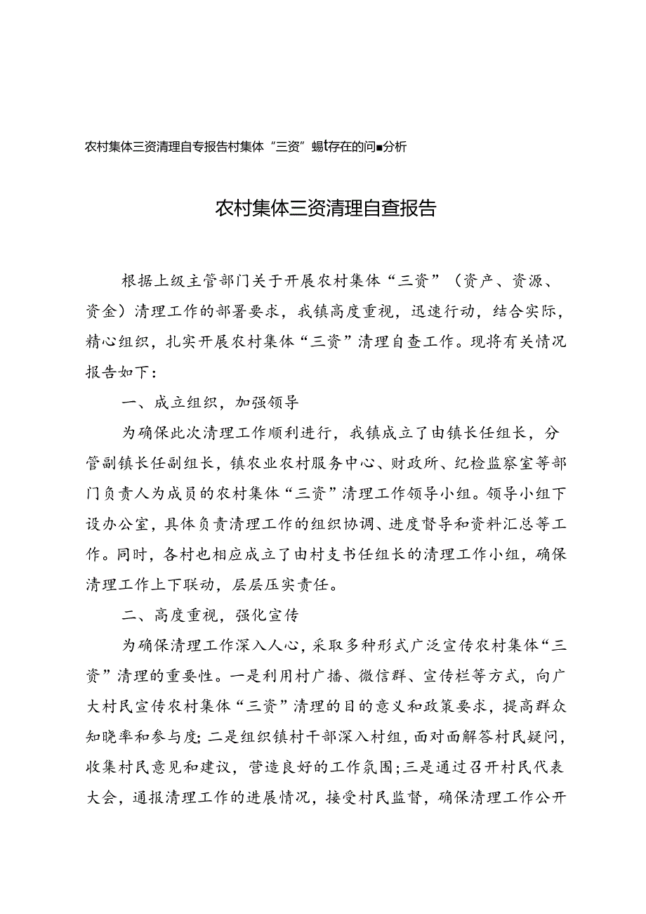 2024年农村集体三资清理自查报告、村集体“三资”管理存在的问题分析.docx_第1页