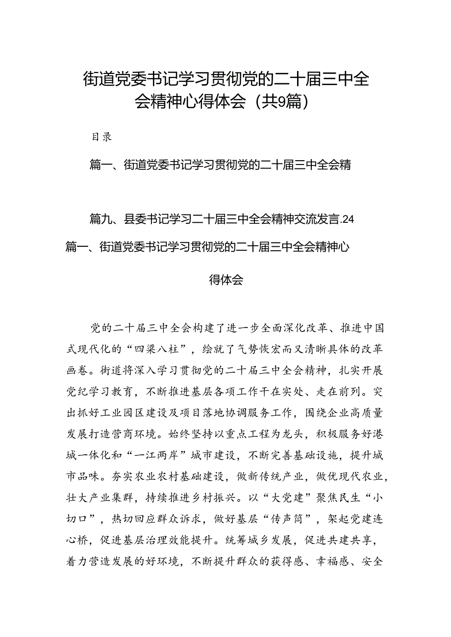 (9篇)街道党委书记学习贯彻党的二十届三中全会精神心得体会范文.docx_第1页