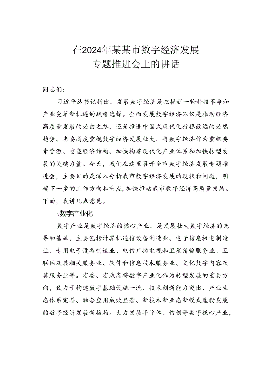 在2024年某某市数字经济发展专题推进会上的讲话.docx_第1页