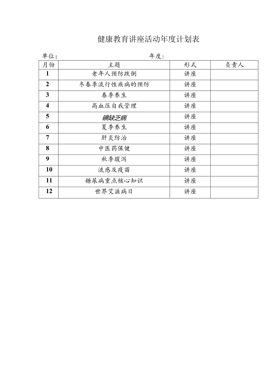 健康教育讲座活动年度计划表.docx_第1页