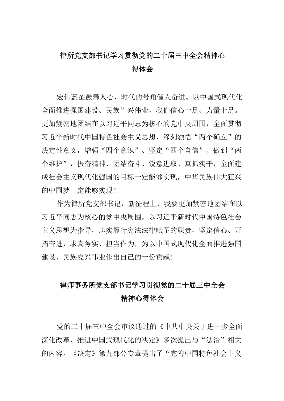 （9篇）律所党支部书记学习贯彻党的二十届三中全会精神心得体会（最新版）.docx_第1页