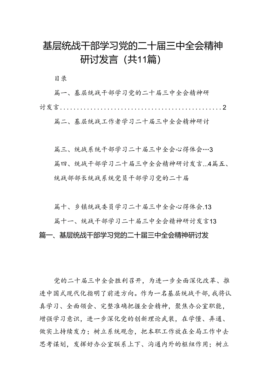 （11篇）基层统战干部学习党的二十届三中全会精神研讨发言（详细版）.docx_第1页