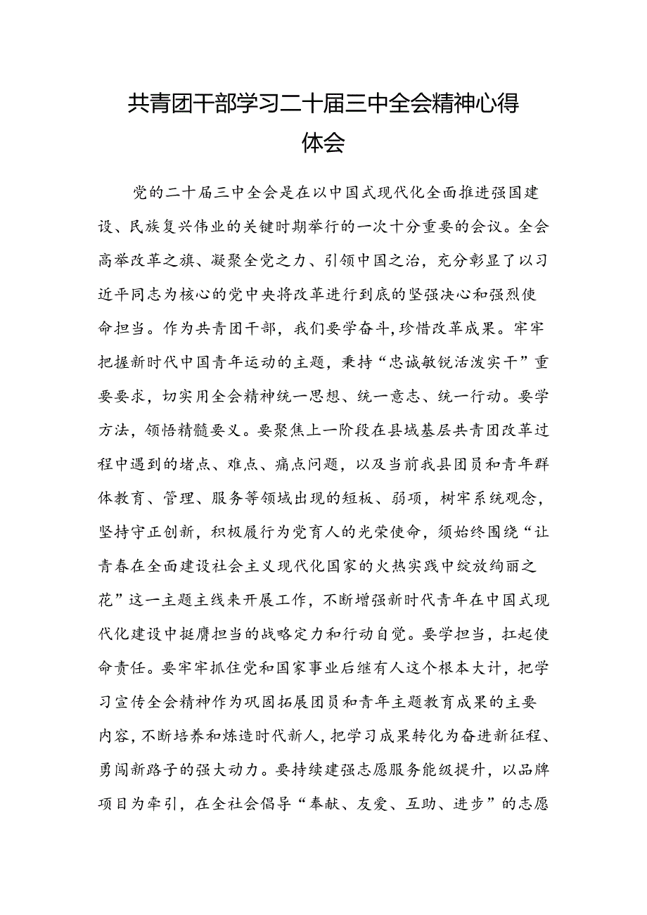 共青团干部学习二十届三中全会精神心得体会.docx_第1页