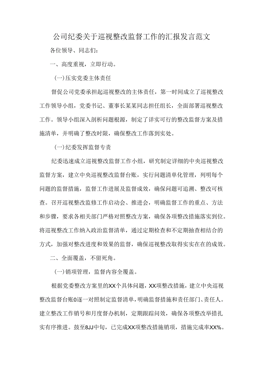 公司纪委关于巡视整改监督工作的汇报发言范文.docx_第1页