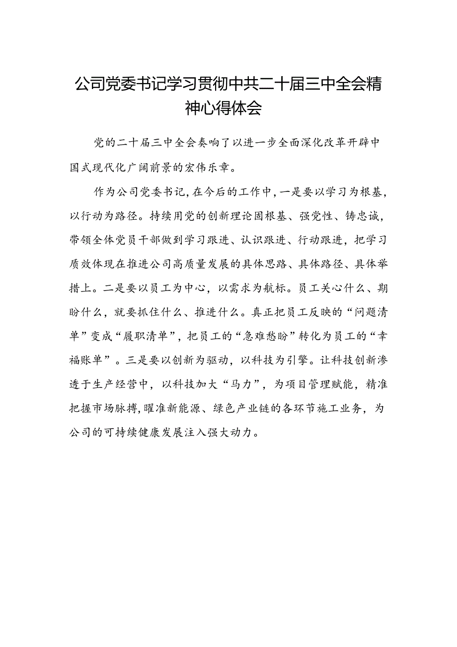 公司党委书记学习贯彻中共二十届三中全会精神心得体会范文.docx_第1页