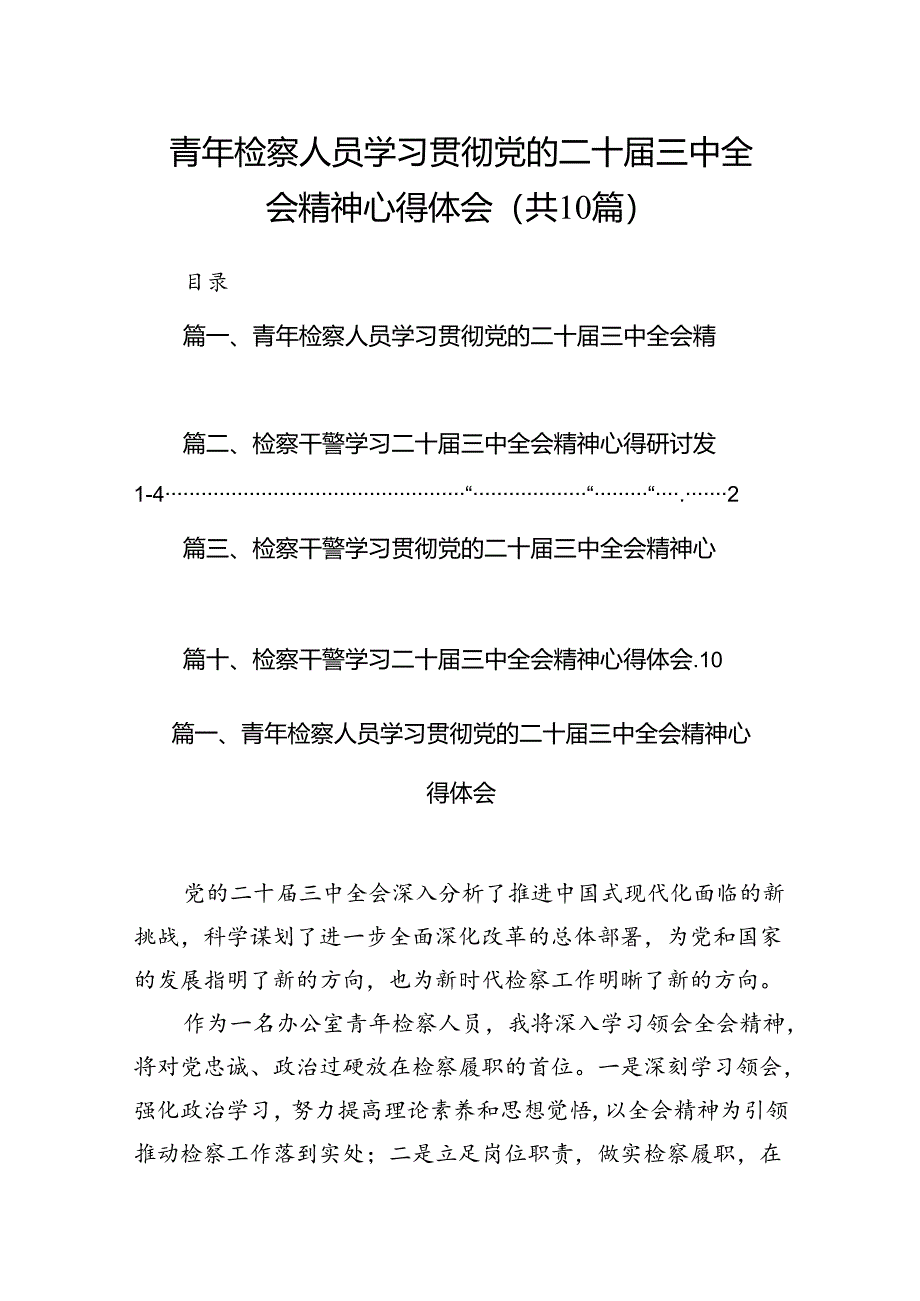 （10篇）青年检察人员学习贯彻党的二十届三中全会精神心得体会专题资料.docx_第1页