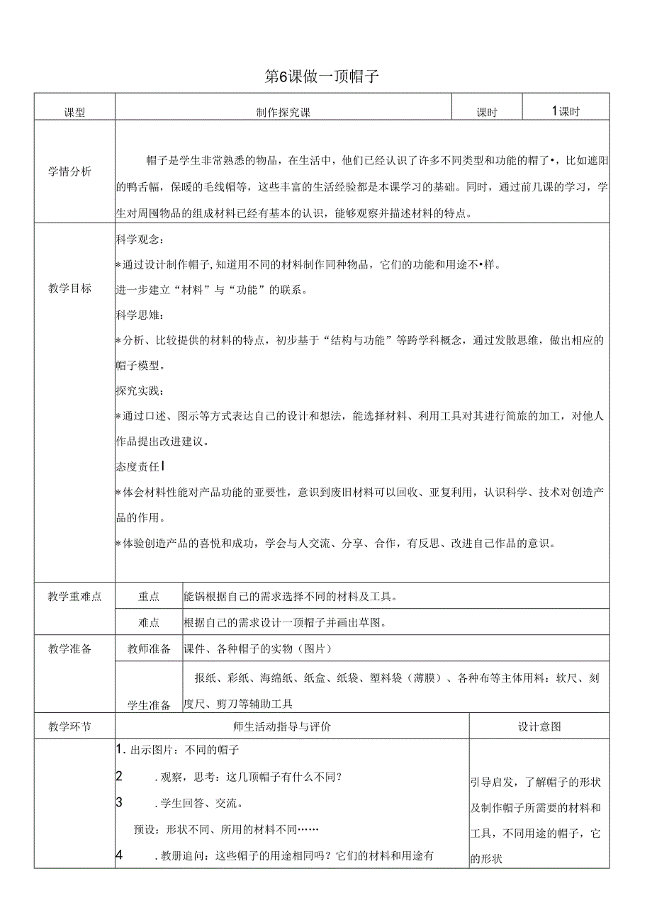 （2024秋）科教版科学二年级上册《做一顶帽子》教案.docx_第1页