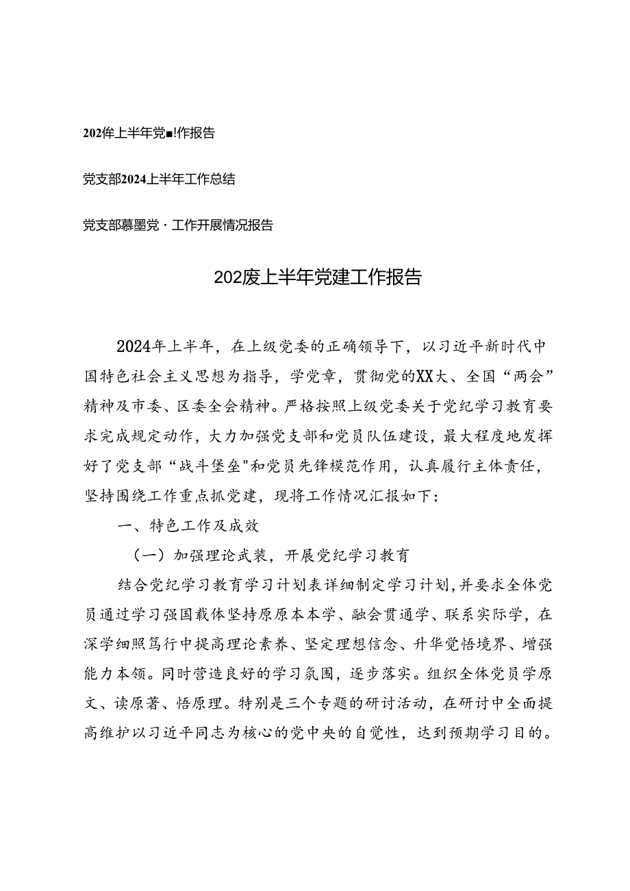 党支部2024上半年党建工作总结+党支部基层党建工作开展情况报告.docx_第1页