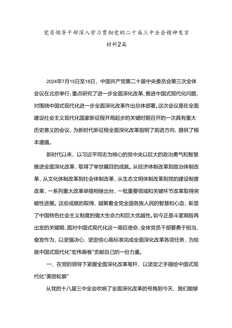 党员领导干部深入学习贯彻党的二十届三中全会精神发言材料2篇.docx_第1页