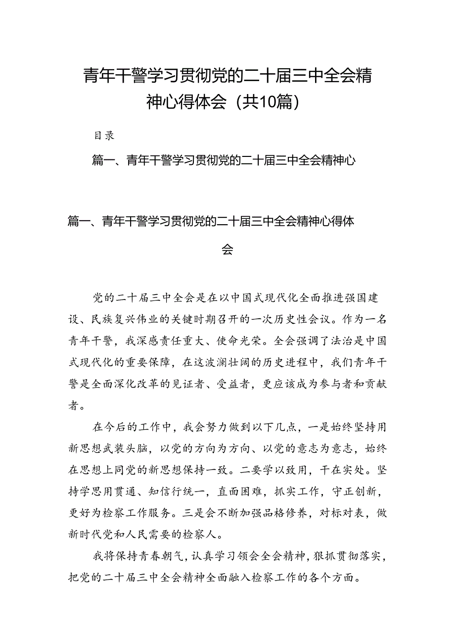 （10篇）青年干警学习贯彻党的二十届三中全会精神心得体会汇编.docx_第1页