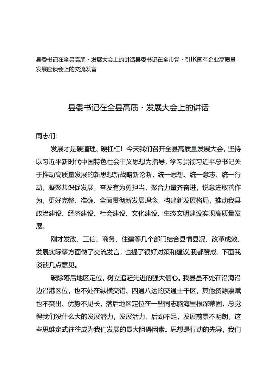 2024年县委书记在全县高质量发展大会上的讲话交流发言.docx_第1页