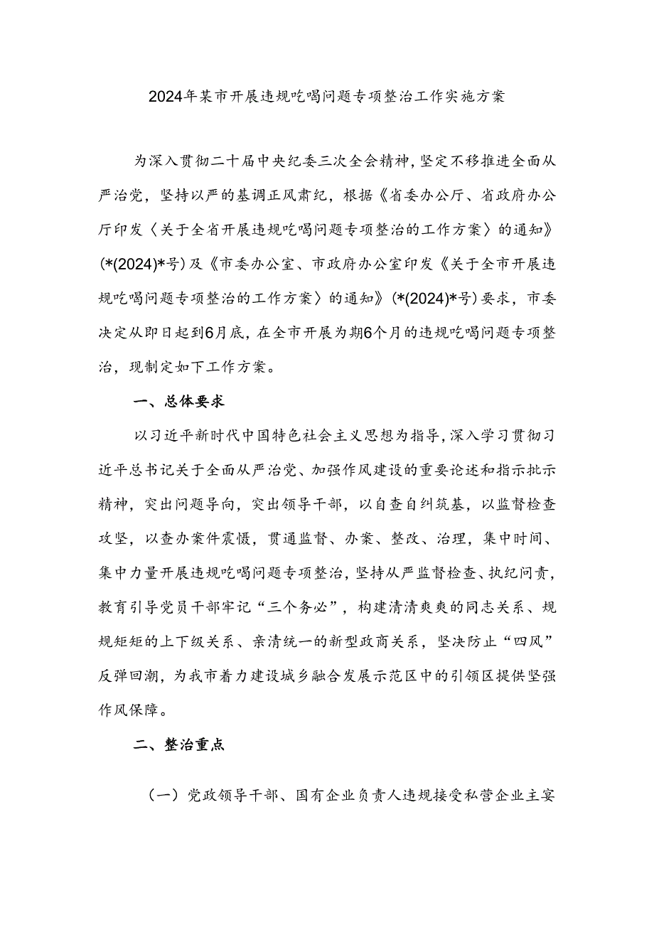 2024年某市开展违规吃喝问题专项整治工作实施方案.docx_第1页