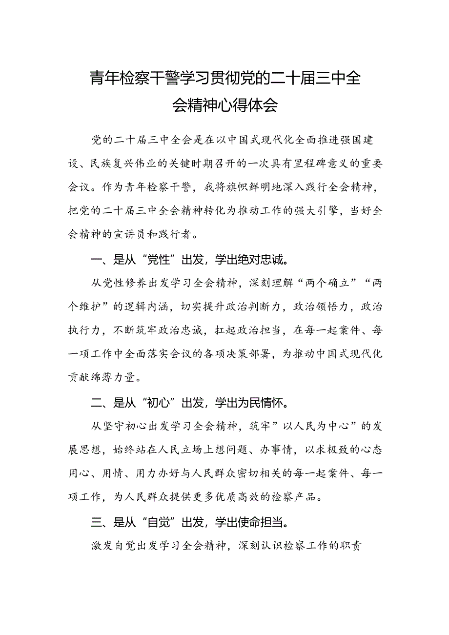 青年检察干警学习贯彻党的二十届三中全会精神心得体会.docx_第1页