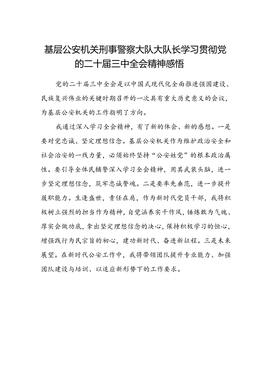 基层公安机关刑事警察大队大队长学习贯彻党的二十届三中全会精神感悟.docx_第1页