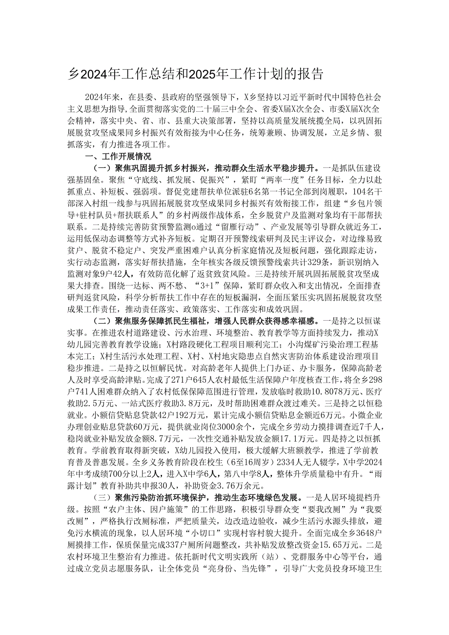 乡2024年工作总结和2025年工作计划的报告.docx_第1页