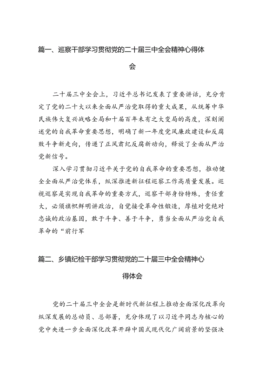 （15篇）巡察干部学习贯彻党的二十届三中全会精神心得体会参考范文.docx_第2页