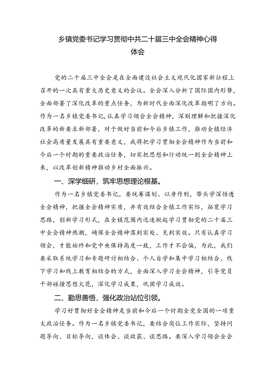 （9篇）镇长学习二十届三中全会精神心得体会发言（精选）.docx_第2页