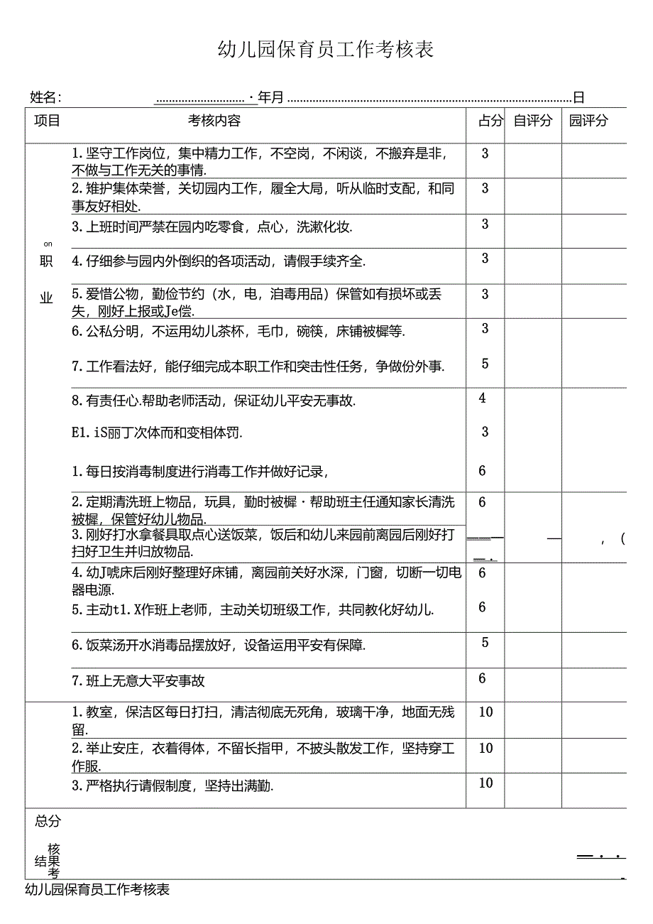 幼儿园保育员工作考核表.docx_第1页