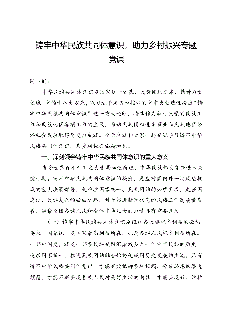 党课：铸牢中华民族共同体意识助力乡村振兴专题党课.docx_第1页