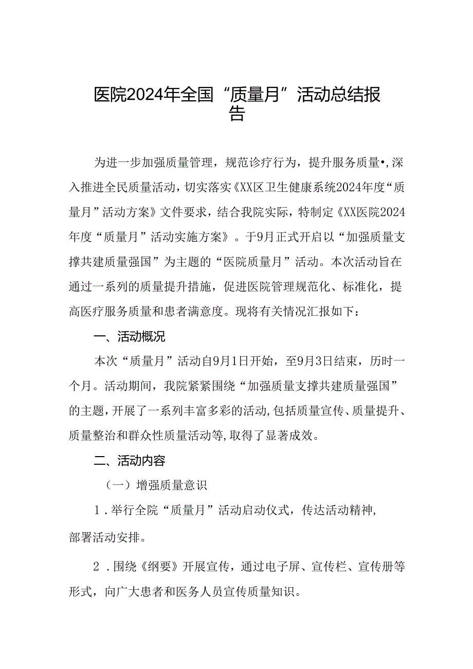 医院开展 2024 年质量月活动的情况报告.docx_第1页