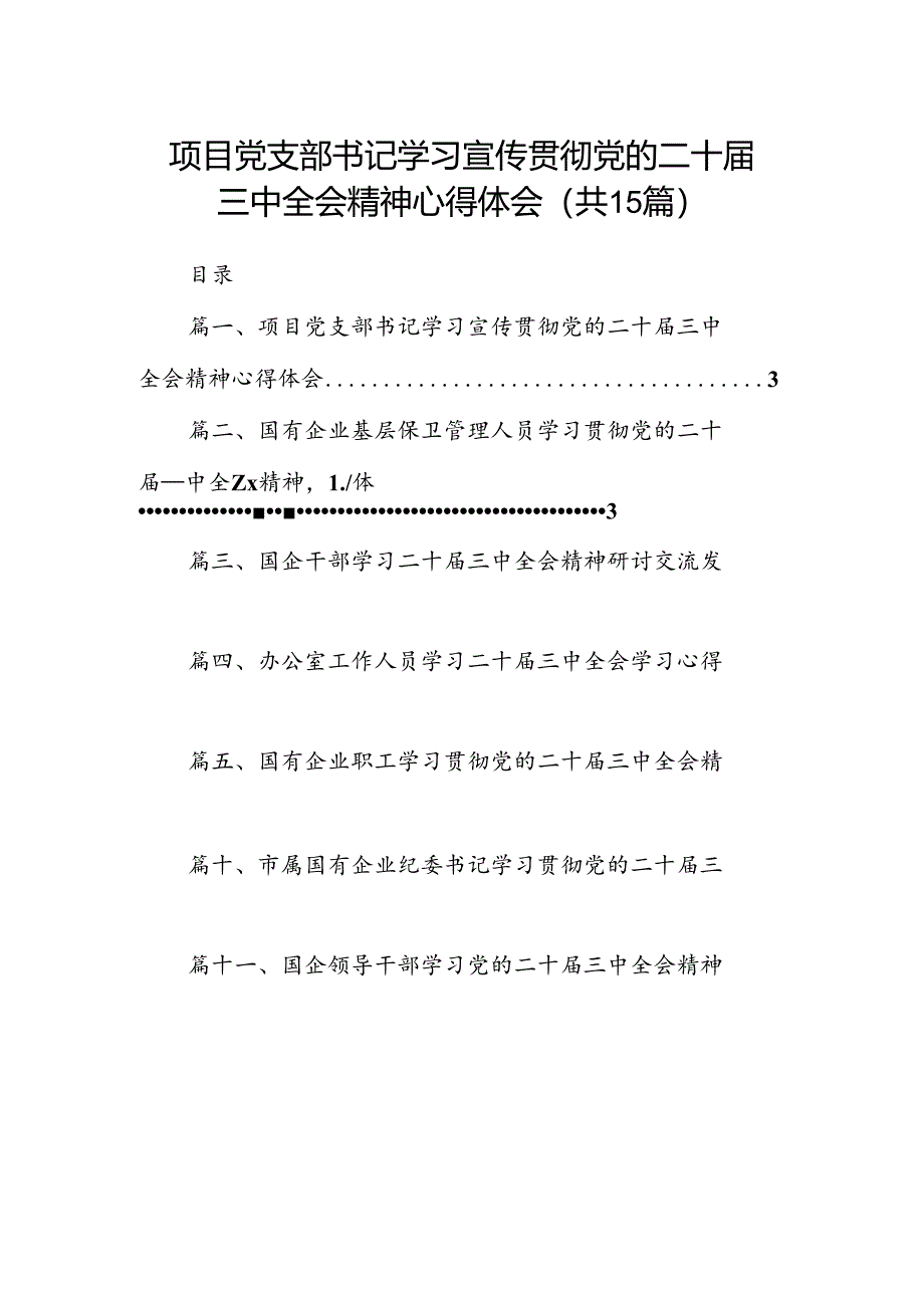 （15篇）项目党支部书记学习宣传贯彻党的二十届三中全会精神心得体会范文.docx_第1页