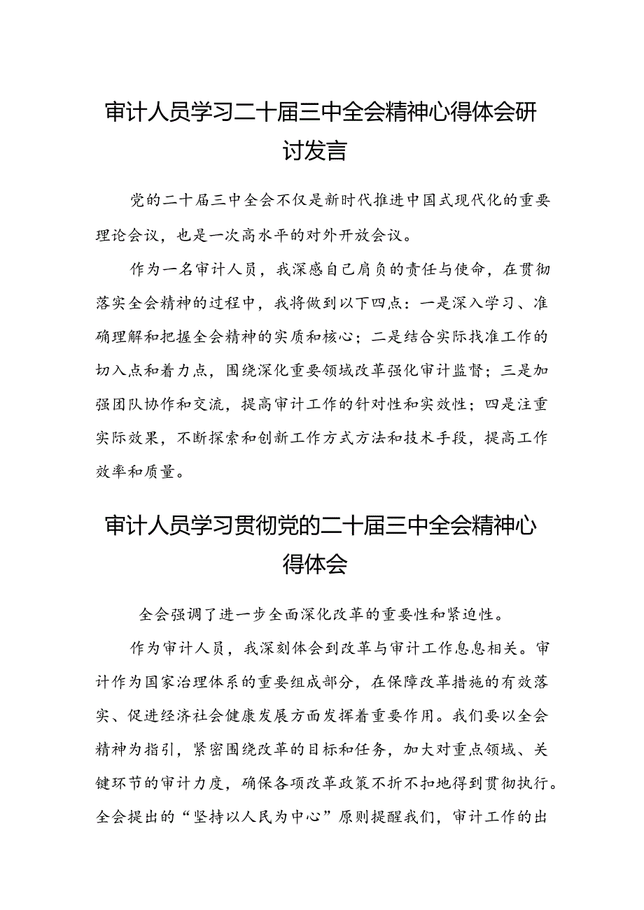 (5篇)审计人员学习二十届三中全会精神心得体会研讨发言（精选）.docx_第1页