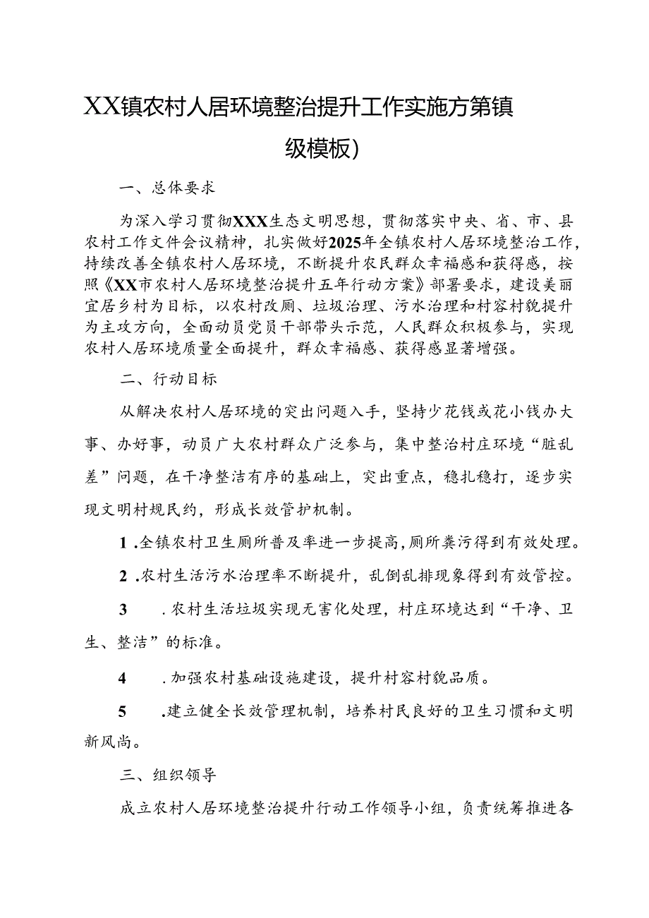 XX镇农村人居环境整治提升工作实施方案（镇级模板）.docx_第1页