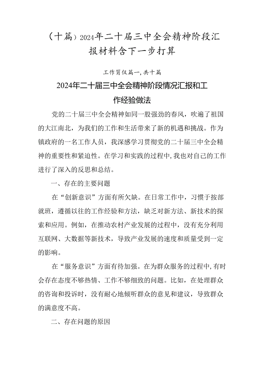 （十篇）2024年二十届三中全会精神阶段汇报材料含下一步打算.docx_第1页