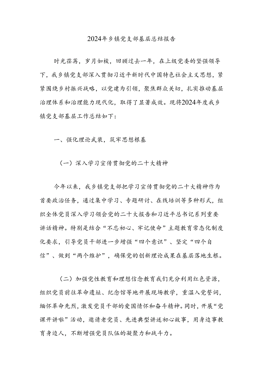 2024年乡镇党支部基层总结报告.docx_第1页