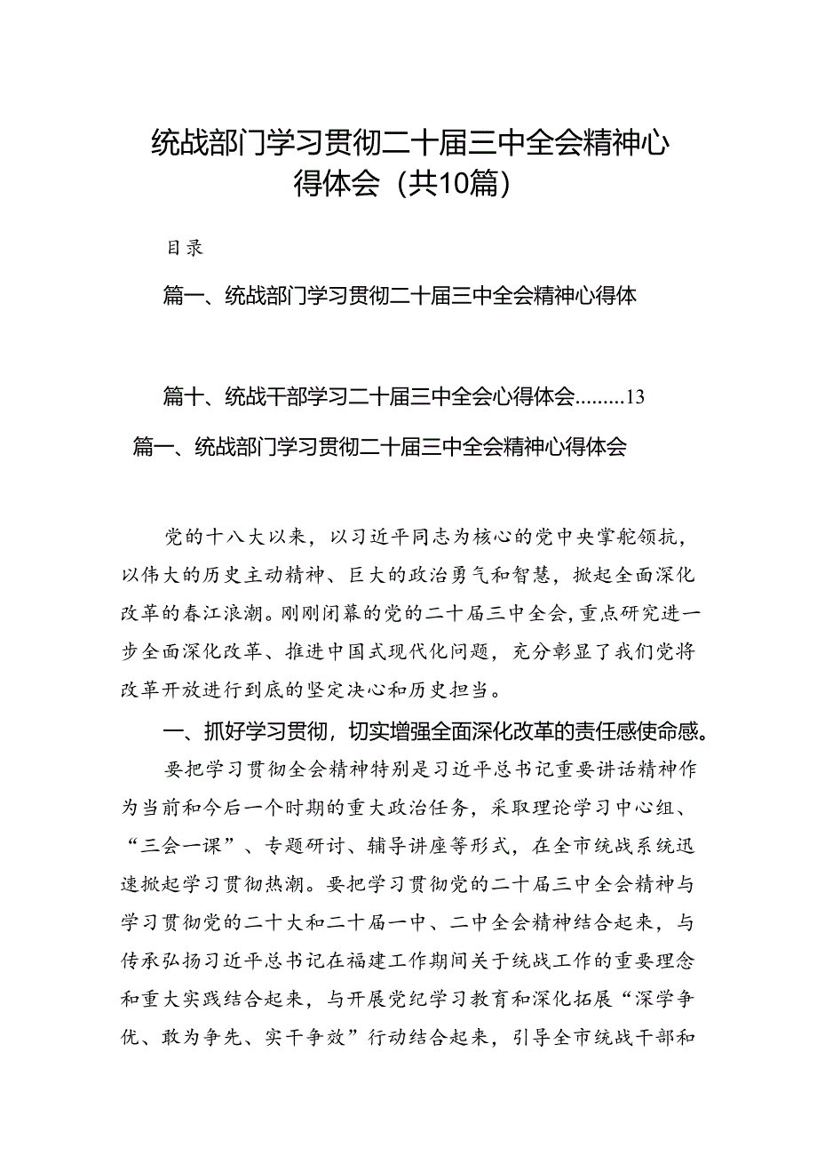 （10篇）统战部门学习贯彻二十届三中全会精神心得体会范文.docx_第1页