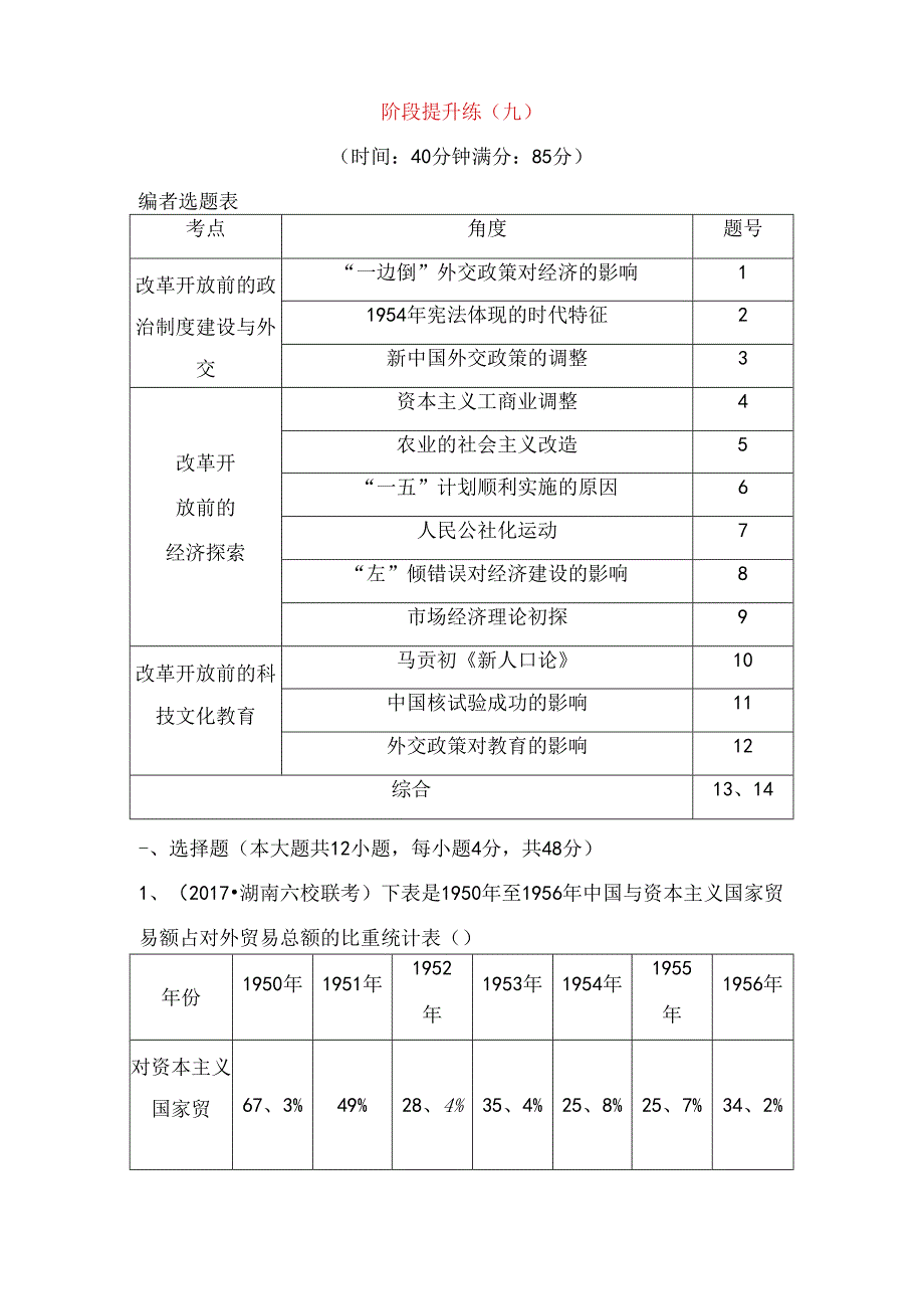 改革开放前阶段提升练测试题.docx_第1页