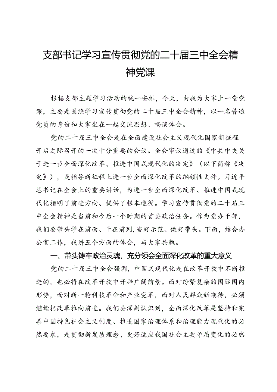 支部书记学习宣传贯彻党的二十届三中全会精神党课.docx_第1页