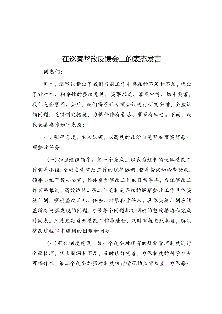 在巡察整改反馈会上的表态发言.docx_第1页