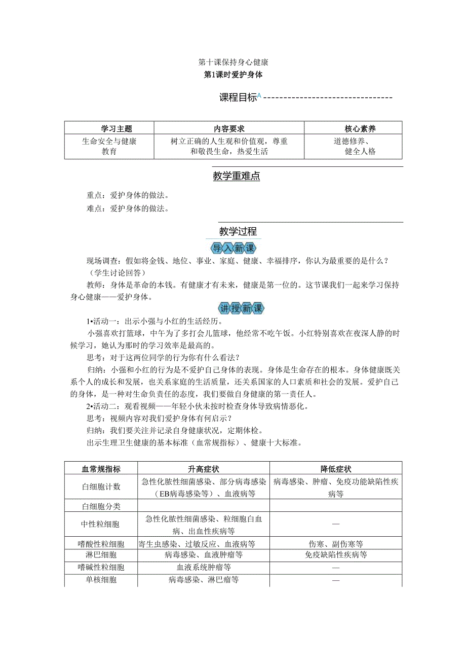 七年级上册道德与法治第一单元教材分析、教法学法建议七年级上册第10课《保持身心健康》教案.docx_第1页