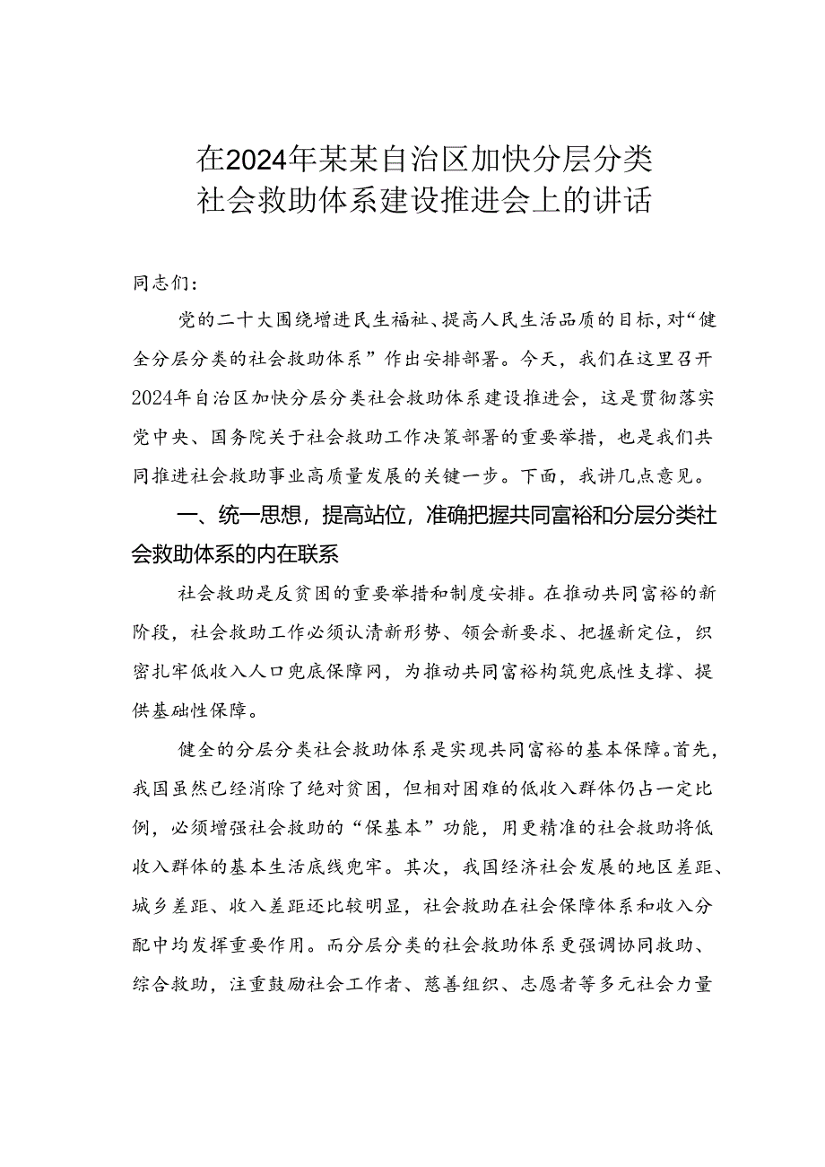 在2024年某某自治区加快分层分类社会救助体系建设推进会上的讲话.docx_第1页